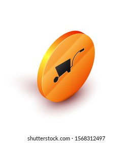 Isometric Wheelbarrow icon isolated on white background. Tool equipment. Agriculture cart wheel farm. Orange circle button. Vector Illustration