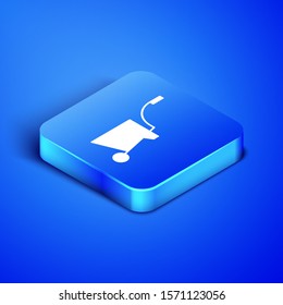 Isometric Wheelbarrow icon isolated on blue background. Tool equipment. Agriculture cart wheel farm. Blue square button. Vector Illustration