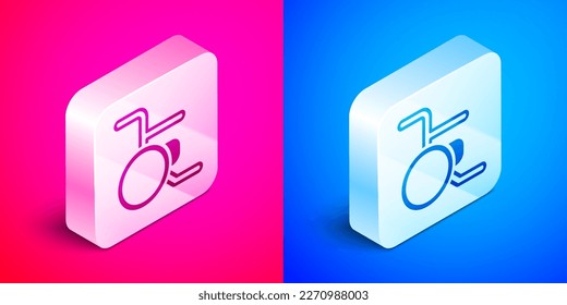 Isometric Wheelchair for disabled person icon isolated on pink and blue background. Silver square button. Vector