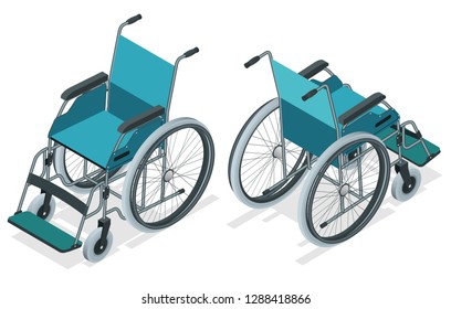 Isometric Wheelchair isolated. Chair with wheels, used when walking is difficult or impossible due to illness, injury, or disability. Medical support equipment.