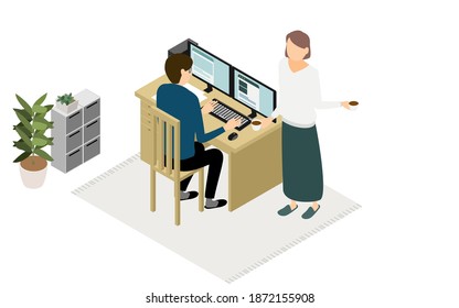 Isometric, where the people who work at home to rest his wife and coffee in telework