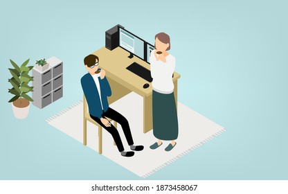 Isometric, where the people who work at home to rest his wife and coffee in telework