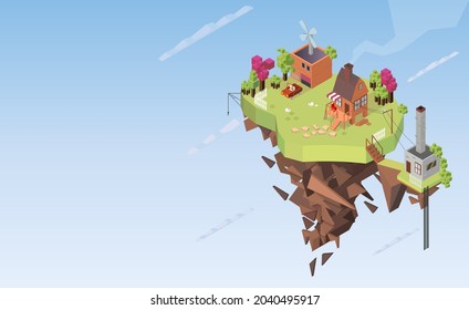 Isometric whimsical isometric illustration showcasing a diverse floating landmass in the sky, combining elements of a tranquil farm setting with a modern industrial structure, under a clear blue sky