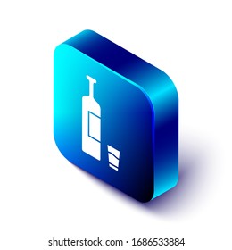 Isometric Whiskey bottle and glass icon isolated on white background. Blue square button. Vector Illustration