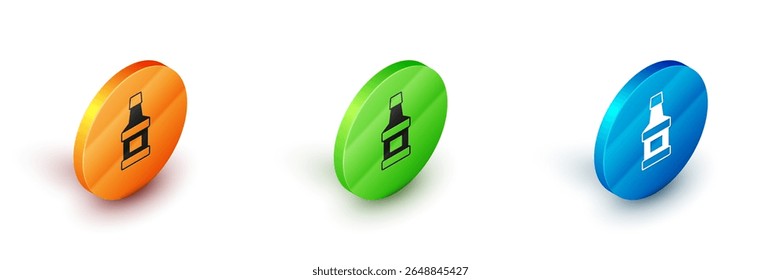 Isometric Whiskey bottle icon isolated on white background. Circle button. Vector