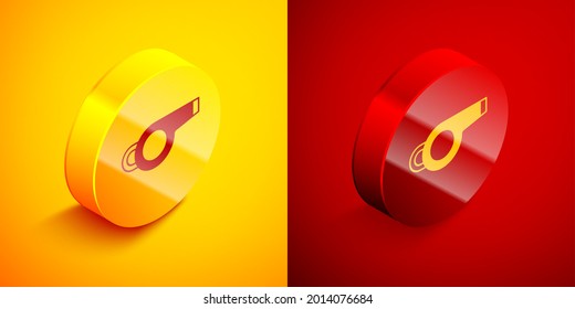 Isometric Whistle icon isolated on orange and red background. Referee symbol. Fitness and sport sign. Circle button. Vector