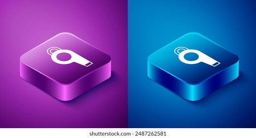 Isometric Whistle icon isolated on blue and purple background. Referee symbol. Fitness and sport sign. Square button. Vector