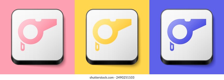 Isometric Whistle icon isolated on pink, yellow and blue background. Referee symbol. Fitness and sport sign. Square button. Vector