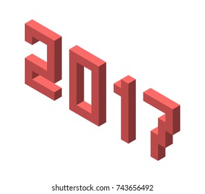 Isometric white 2017 text with long shadow isolated on white background. Past year, review, analysis and annual report concept. Flat design. Vector illustration, no transparency, no gradients