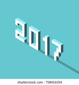 Isometric white 2017 text with long shadow on turquoise blue background. Past year, review, analysis and annual report concept. Flat design. Vector illustration, no transparency, no gradients