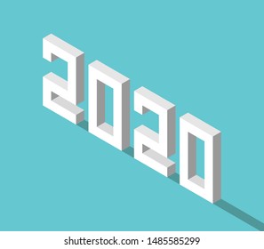 Isometric white 2020 text with long shadow on turquoise blue background. New Year, holiday, planning, forecasts, events concept. Flat design. EPS 8 vector illustration, no transparency, no gradients