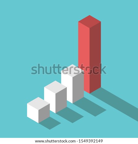 Isometric white bars and very high red one on turquoise blue. Rapid exponential growth, investment, wealth, boom and statistic concept. Flat design. Vector illustration, no transparency, no gradients