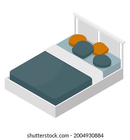 Cama blanca isométrica con almohadas y manta