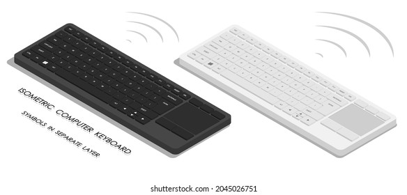 Isometric white and black wireless personal computer keyboards. English letters and symbols on keyboard buttons. Realistic 3D Isolated vector on white background