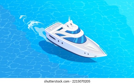 Isometric white boat sailing in clean blue ocean water vector illustration	