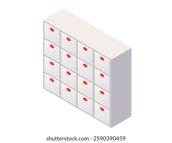 Isometric white cabinet with small drawers with red handle. Storage locker for school, grocery store or supermarket. Vector illustration isolated on white background.