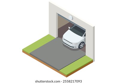 Isometric white car exiting a simple, minimalist garage. The driveway and green lawn complement the modern design of the space