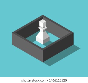 Isometric white chess pawn closed behind black wall on turquoise blue background. Imprisonment, isolation and loneliness concept. Flat design. Eps 8 vector illustration, no transparency, no gradients