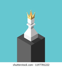 Isometric white chess pawn with gold crown on pedestal on turquoise blue. Achievement, success, loneliness and vanity concept. Flat design. Vector illustration, no transparency, no gradients