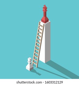 Isometric white chess pawn, ladder and high pedestal with red king. Inequailty, competition, ambition, envy and success concept. Flat design. Vector illustration, no transparency, no gradients