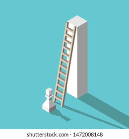 Isometric white chess pawn standing near high pedestal with ladder. Challenge, ambition, purpose, motivation and success concept. Flat design. EPS 8 vector illustration, no transparency, no gradients