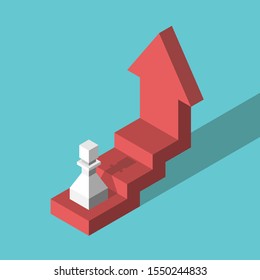 Isometric white chess pawn standing on stepped red vertical arrow. Career, personal development, promotion and ambition concept. Flat design. Vector illustration, no transparency, no gradients