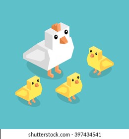 Pollo blanco isométrico con pollito amarillo. Pollo 3d blanco isométrico con pollos amarillos aislados en el fondo, Ilustración vectorial de aves de corral Pequeña adorable, esponjosa y linda de un pequeño pájaro de granja joven