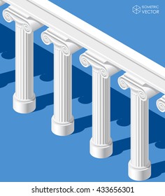 Isometric white classic ancient colonnade on blue background. Vector illustration