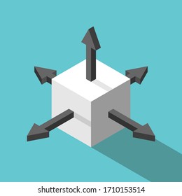 Isometric white cube with arrows in different directions. Confusion, choice, decision, indecision and opportunity concept. Flat design. EPS 8 vector illustration, no transparency, no gradients