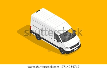 Isometric white delivery van illustration on a yellow background. Modern commercial vehicle vector suitable for logistics, cargo transport, shipping services, and urban freight concepts.