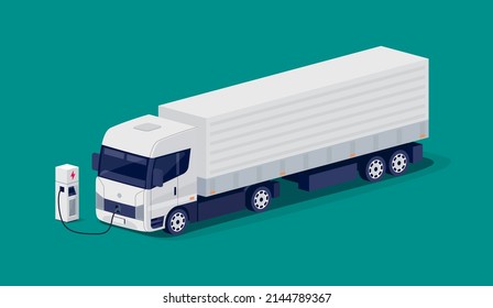 Isometric white electric box semi truck trailer with container charging parking at the charger station with plug in cable. Illustration of cargo delivery utility vehicle. Electrified transport future.