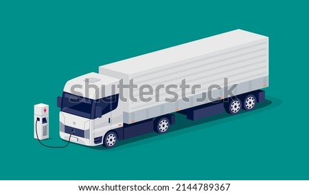 Isometric white electric box semi truck trailer with container charging parking at the charger station with plug in cable. Illustration of cargo delivery utility vehicle. Electrified transport future.