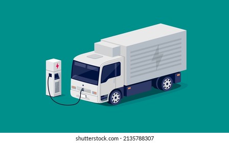 Isometric white electric city box straight truck charging parking at the charger station with a plug in cable. Vector illustration of light refrigeration utility vehicle. Electrified transport future.