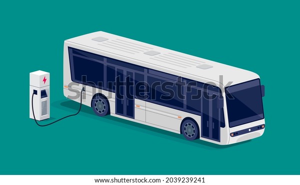 Isometric white electric city bus charging\
parking at the charger station with a plug in cable. Flat vector\
illustration of public transportation car. Electrified transport\
future mobility\
e-motion.