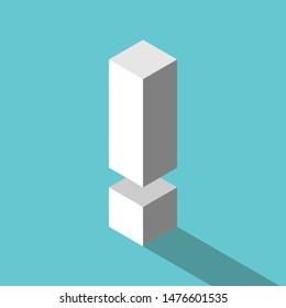Isometric white exclamation mark with long shadow on turquoise blue background. Error, warning, danger and risk concept. Flat design. EPS 8 vector illustration, no transparency, no gradients