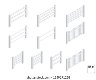 Isometric white fence sections. Fencing constructor.