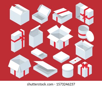 Isometric white gift box with red ribbon. New year surprise square containers vector set.