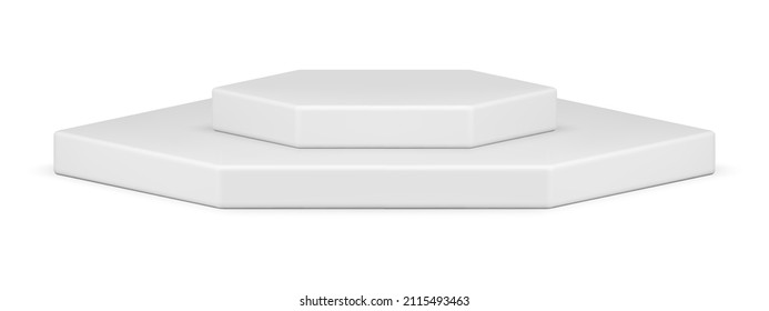 Isometric white glossy hexagonal six sided geometric shape two level pedestal museum exhibition or show stage vector illustration. Realistic polygonal studio render platform basic foundation isolated
