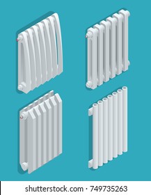 Isometric white Heating Radiator. Home climate equipment icon with controls. Can be used for advertisement, infographics