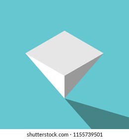 Isometric white inverted pyramid standing upside down on turquoise blue background. Balance, challenge, instability and finance concept. Flat design. Vector illustration, no transparency, no gradients