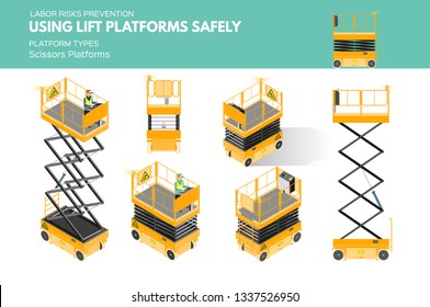 Isometric white isolated lift platforms labor risk prevention information about platform types on scissors platform