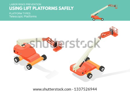 Isometric white isolated lift platforms labor risk prevention information about platform types on telescopic platform