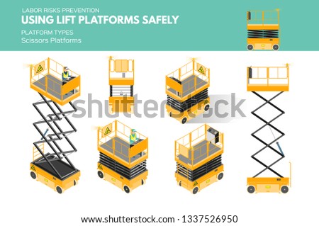 Isometric white isolated lift platforms labor risk prevention information about platform types on scissors platform