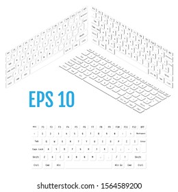 Isometric white modern laptop keyboard. Realistic isometry of modern keyboard. Vector illustration.