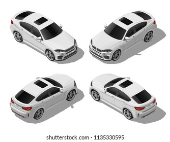 Isometric white off-road car set from different sides, modern vehicle, lux or sport concept, urban transport, isolated on white background