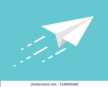 Isometric white paper plane moving on turquoise blue background. Start up, freedom and dream concept. Flat design. Vector illustration, no transparency, no gradients