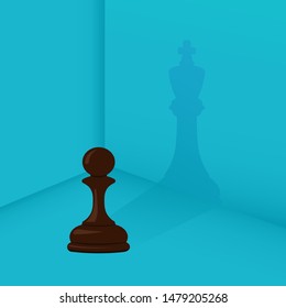 Isometric white pawn casting king shadow. Ambition, dream, strength, transformation and motivation concept. Flat design.