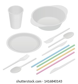 Isometric white plastic tableware and napkins isolated on white. Plastic dishes, plastic plate, fork, spoon, knife, glass, tube