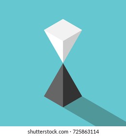 Isometric white pyramid standing on black one in unstable equilibrium. Balance, risk, finance, harmony and relationship concept. Flat design. Vector illustration, no transparency, no gradients