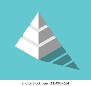 Isometric white pyramid with three levels and drop shadow on turquoise blue background. Hierarchy, structure and development concept. Flat design. Vector illustration, no transparency, no gradients